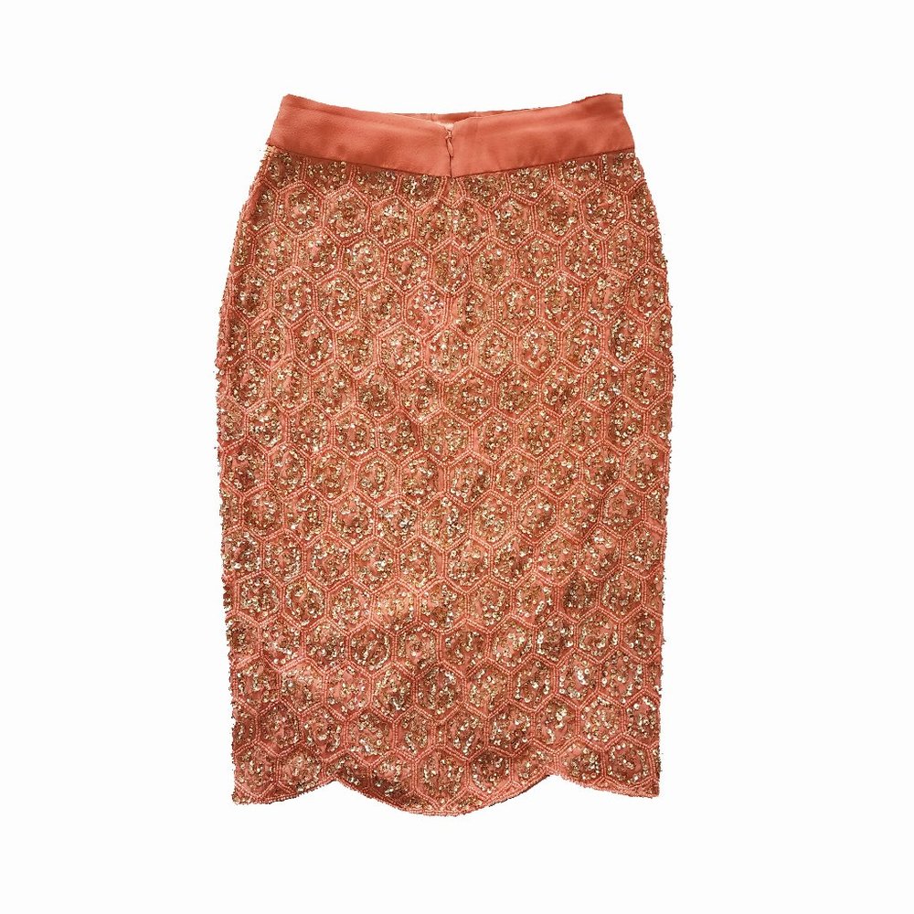 Elegant Peach Color Beaded Sequined Pencil Skirt- Scalloped Detail Sz SMALL